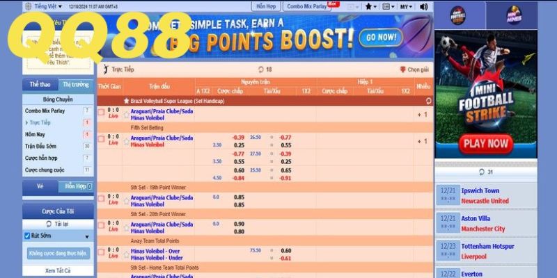 Giao diện cược SBOBET QQ88 hiện đại cao